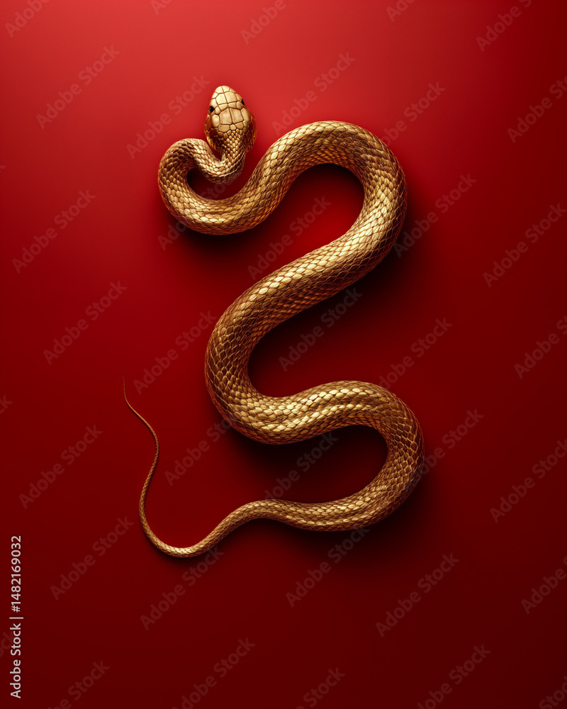 Obraz premium A beautiful golden snake, perfectly posed against a bold red background in a studio setting. Generative AI