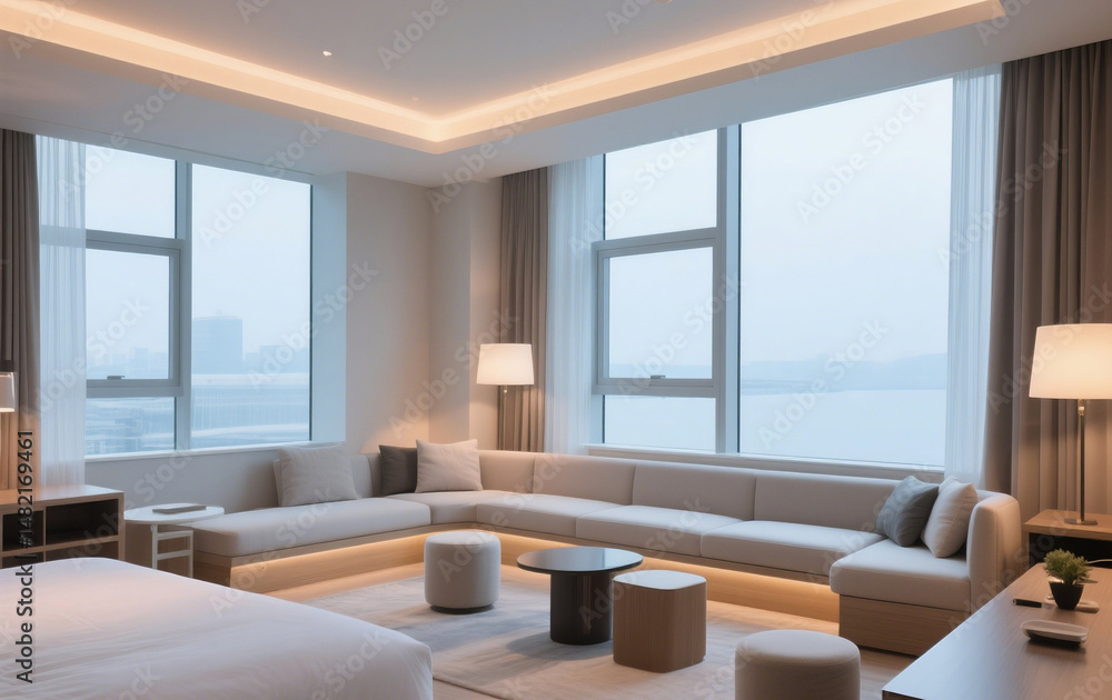 Fototapeta premium Modern hotel interior with large windows, and soft lighting.