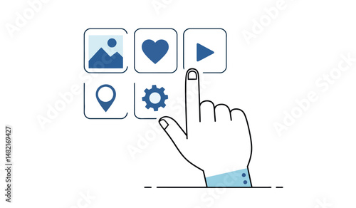 Digital interface with hand gesture touching icons for multimedia and navigation