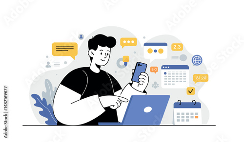 Tech enthusiast using laptop and smartphone for online communication and scheduling