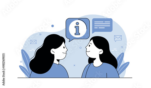 Two women engaging in conversation with informational icons for communication and networking