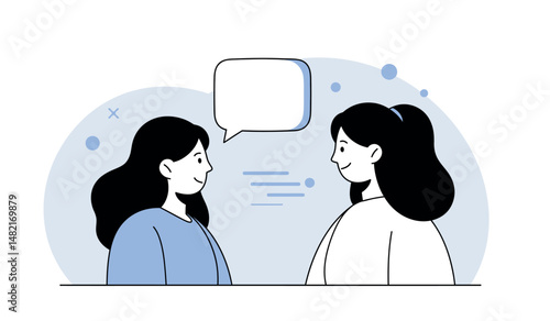 Illustration of two characters having a conversation with speech bubble for communication concept