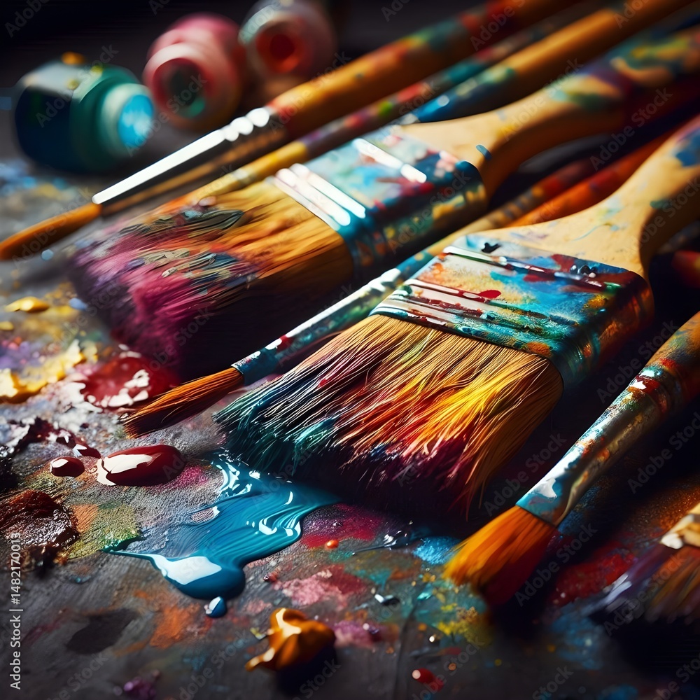 Obraz premium Closeup of Colorful Paintbrushes with Paint on a Dark Surface