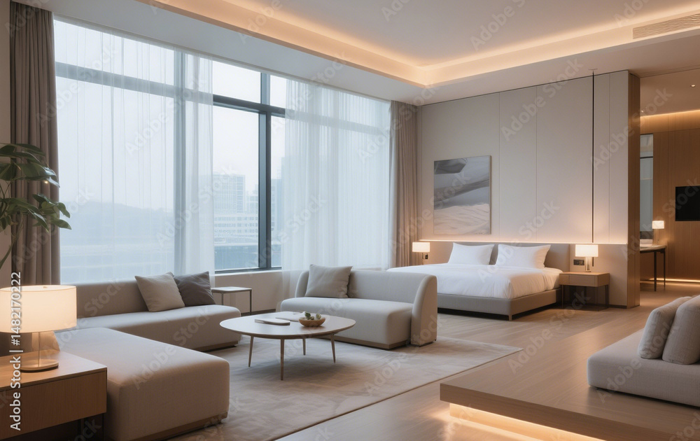 Fototapeta premium Modern hotel interior with large windows, and soft lighting.