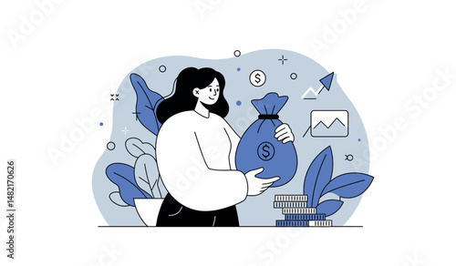 Financial success concept with woman holding money bag and coins growth graphs