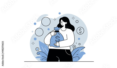 Financial security and savings concept with happy woman holding money bag