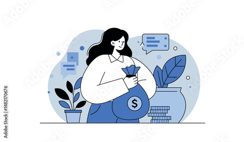 Financial savings and planning concept with money bag and growing plants