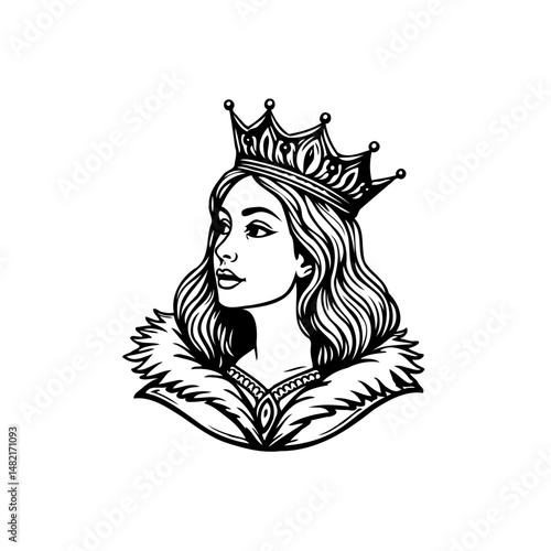 Elegant queen illustration with crown, regal fur collar and wavy hairstyle