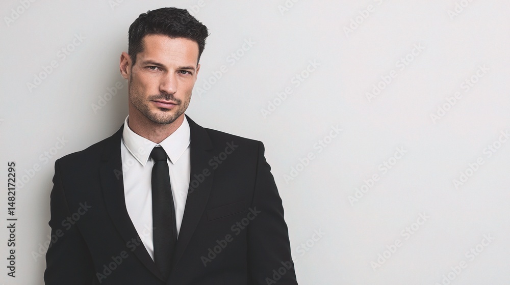 Elegant Man in Tailored Black Suit Against Neutral Background Elegant Man in Tailored Black Suit Against Neutral Background