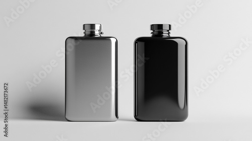 Two Flasks Displayed Elegant Silver and Black Still Life