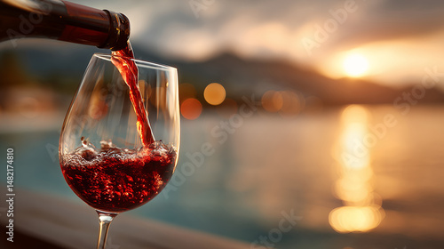 Wallpaper Mural Pouring red beverage into wineglass with lake backdrop gives sense of peace and luxury. perfect end to day with golden light reflecting on calm water Torontodigital.ca