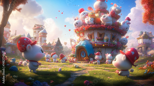 Cute characters in a whimsical town