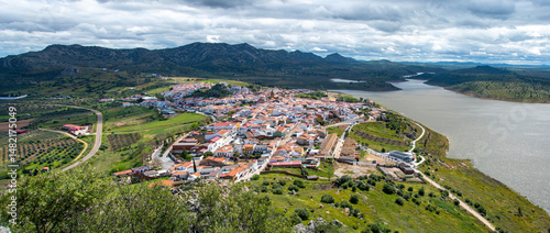 Alange wide angle panoramic picture showing the beautiful Spanish town and lake.