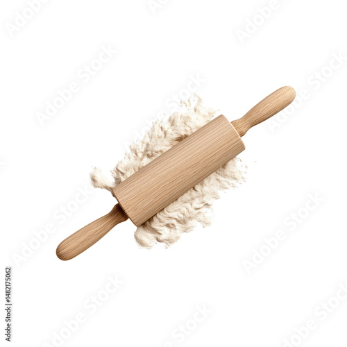 Wooden rolling pin resting on a pile of flour against a black background