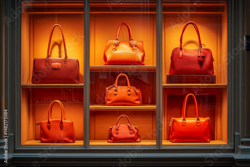 A collection of stylish handbags is showcased in a brightly lit storefront window. The bags vary in shades of brown and orange, arranged on glass shelves, exuding luxury and sophistication.