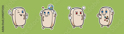 Set of adorable and expressive refrigerator character illustrations showcasing various moods and scenarios. Features a fridge with happy, loving, angry, and decorated expressions.