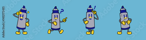 Set of cute marker characters in retro cartoon style rubberhose with cheerful, thinking, surprised, and panicked expressions. Suitable for educational design, comics, digital assets, and creative need