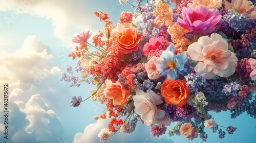 Wallpaper Mural Lush floral arrangement featuring pink, orange, & purple blooms against a cloudy sky. Use this vibrant image for spring, summer, or celebration-themed designs. Torontodigital.ca