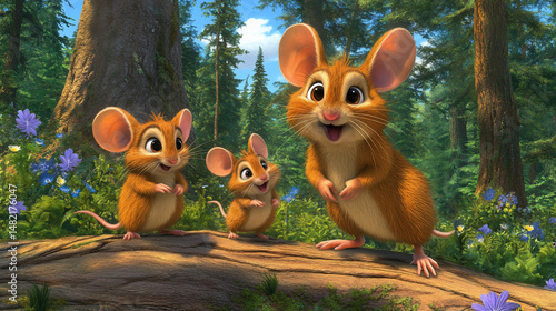 Cute cartoon mice in forest