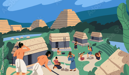 Ancient tribal village in Mexico. Aztec civilization, native Mayan tribe life. Mexican culture, stone pyramids and ethnic huts of Maya. Chichen Itza temples on landscape. Flat vector illustration