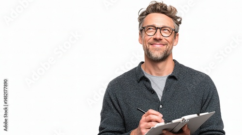 Entrepreneur Wearing Glasses Evaluating Ideas and Taking Notes