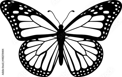 A striking black and white Monarch butterfly illustration, featuring its iconic wing patterns and delicate antennae, is perfect for minimalist nature themes.