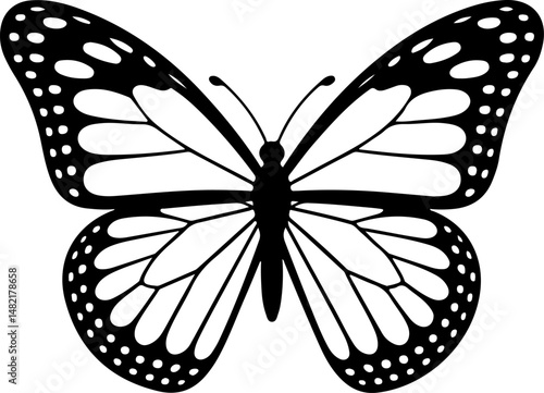 A crisp black and white silhouette of a Monarch butterfly with intricately patterned wings, perfect for minimalist nature designs or educational purposes.