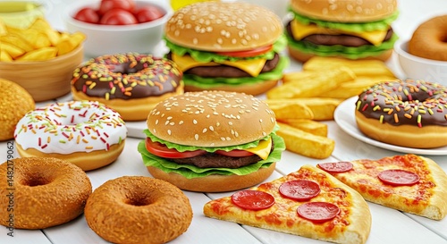 Wallpaper Mural Junk Food on White Table; Unhealthy Fast Carbs, Health Warning Concept, Diet & Nutrition Risk Torontodigital.ca