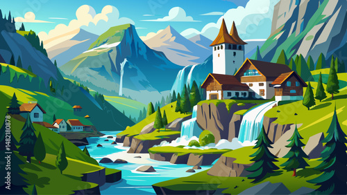 Nestled deep within the Lauterbrunnen valley, a majestic waterfall cascades beside a charming Swiss village. The sound of rushing water harmonizes with the quiet rhythm of alpine life.

