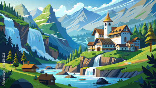 Nestled deep within the Lauterbrunnen valley, a majestic waterfall cascades beside a charming Swiss village. The sound of rushing water harmonizes with the quiet rhythm of alpine life.

