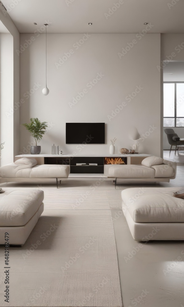 Fototapeta premium Sleek minimalist living room, neutral palette, simple, rug, neutral