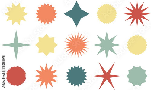 Retrostyled starbursts and sun shapes in pastel colors. A versatile graphic element for vintage designs, logo accents, or decorative backgrounds.