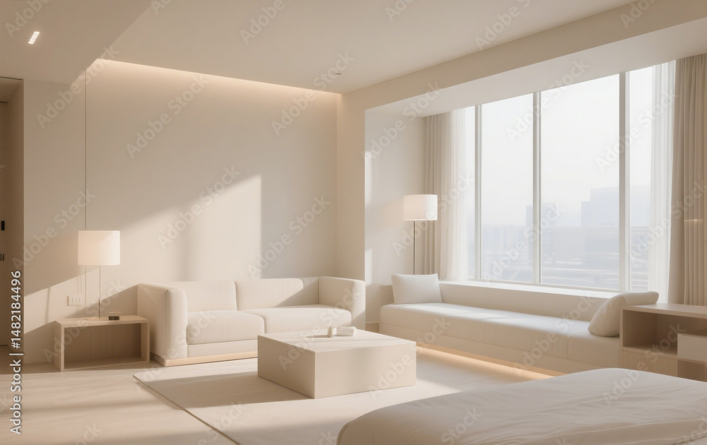 Fototapeta premium Modern hotel interior with large windows, and soft lighting.