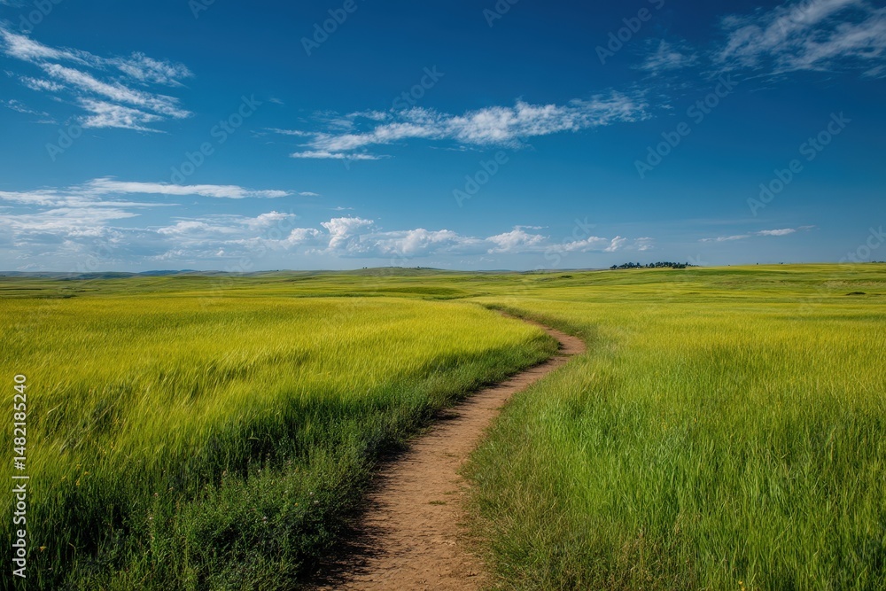 Fototapeta premium Serene pathway through a vibrant, grassy landscape under a blue sky.