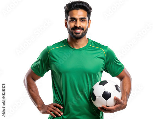 Indian Football Player in Green Jersey with Soccer Ball, Isolated on Transparent Background