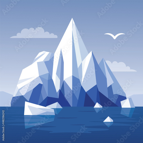 Frozen Iceberg Ice Mountain Glacier Nature Landscape Floating on Blue Sea Ocean in Bright Sky