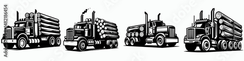 Logging Truck. Tools Equipment Hardware Construction Repair Diy Clipart Line Art Vector Illustration. Timber transport vehicle heavy machinery for forest product haulage and lumber.