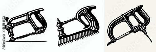 Coping Saw. Tools Equipment Hardware Construction Repair Diy Clipart Line Art Vector Illustration. Handheld fret implement for curve cutting woodworking niche tool.