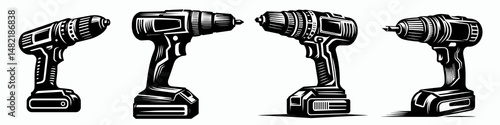 Cordless Drill. Tools Equipment Hardware Construction Repair Diy Clipart Line Art Vector Illustration. Battery-powered rotary tool wireless boring driving and fastening implement.