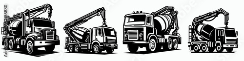 Concrete Pump Truck. Tools Equipment Hardware Construction Repair Diy Clipart Line Art Vector Illustration. Liquid stone placement vehicle mobile cement casting boom apparatus.
