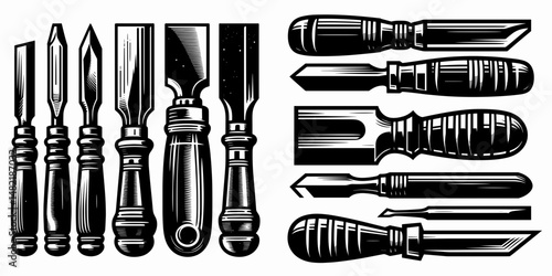 Chisel Set. Tools Equipment Hardware Construction Repair Diy Clipart Line Art Vector Illustration. Wood carving kit shaping implement assortment for carpentry project.