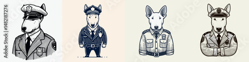 Bull Terrier Dog wear police costume. Tools Equipment Hardware Construction Repair Diy Clipart Line Art Vector Illustration. Canine garb law enforcement getup pet apparel pup costume.