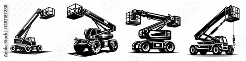 Boom Lift. Tools Equipment Hardware Construction Repair Diy Clipart Line Art Vector Illustration. Elevated work platform aerial device rental job site access solution.