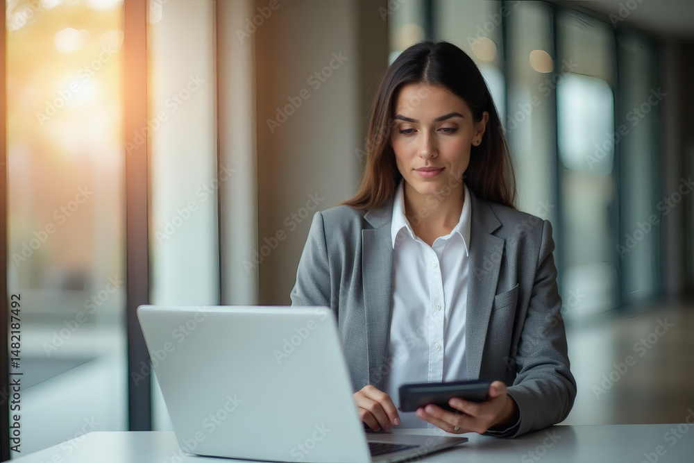 Confident businesswoman working on a laptop while using a smartphone in a bright, professional office setting. The background features modern architecture and warm natural lighting. Confident businesswoman working on a laptop while using a smartphone in a bright, professional office setting. The background features modern architecture and warm natural lighting.