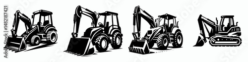Backhoe Loader. Tools Equipment Hardware Construction Repair Diy Clipart Line Art Vector Illustration. Excavator machinery earthmoving tractor for construction farming digging.