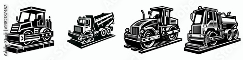 Asphalt Paver. Tools Equipment Hardware Construction Repair Diy Clipart Line Art Vector Illustration. Paving machine compaction for roadway structure installation surface.