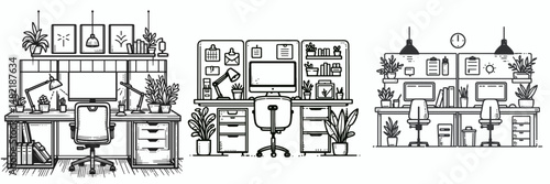 Workstation divider. Tools Equipment Hardware Construction Repair Diy Clipart Line Art Vector Illustration. Office cubicle partition enhancing focus acoustic privacy zone concept.