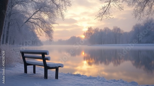tranquil snowy bench overlooking a frozen lake reflecting hues of gold and pink from a winter sunset, Generative AI
