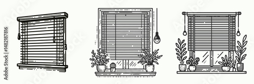 Window blinds. Tools Equipment Hardware Construction Repair Diy Clipart Line Art Vector Illustration. Interior shading dwelling decor with sight control for home or workplace.