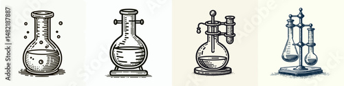 Volumetric flask rack. Tools Equipment Hardware Construction Repair Diy Clipart Line Art Vector Illustration. Container holder for laboratory glassware exact measure vessel secure depot.
